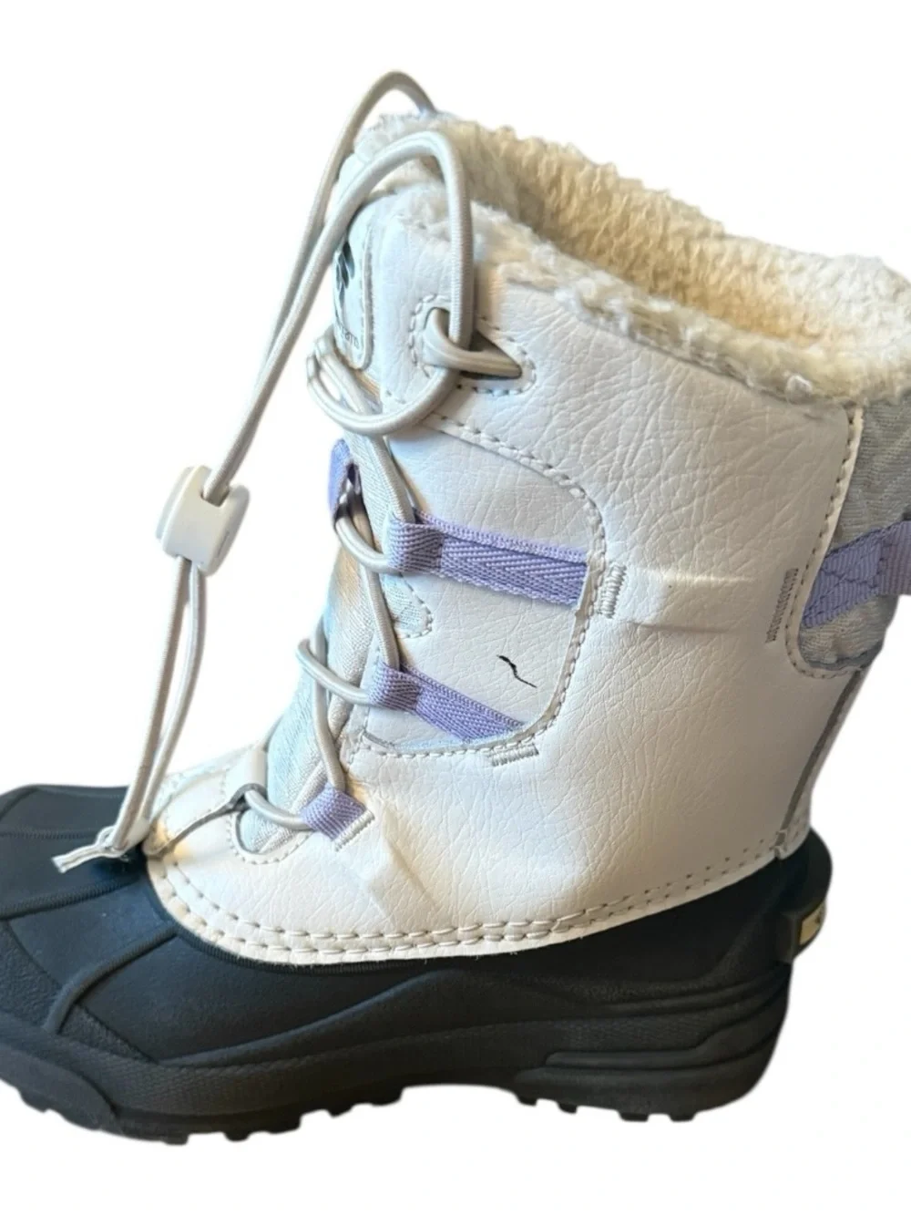 Columbia Kids White and Black Insulated Snow Boots with Lavender Accents